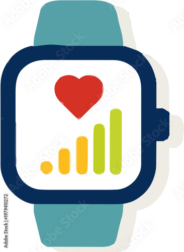 The smartwatch fitness app screen displays step counter and heart rate data in a clean, flat vector design with teal and black elements, emphasizing health monitoring for wearable tech enthusiasts