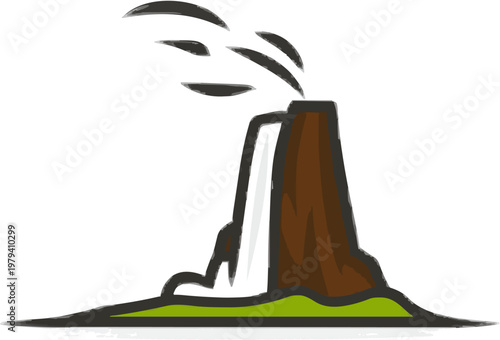 A minimalist geyser illustration features a vertical column of white water and steam emerging from a flat, brown mountain, set against a stark white background with clean bold lines and solid colors