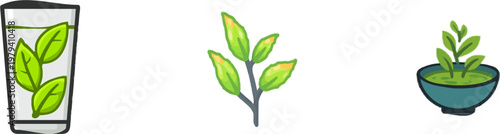 A minimalist flat illustration of three green tea leaves steeping in a glass with swirling organic liquid patterns, rendered in muted green and ochre colors against a clean white background