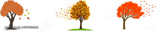 A minimalist flat 2D graphic of a tree losing its leaves in an autumn breeze, rendered with vibrant orange, red, and brown hues against a clean white background