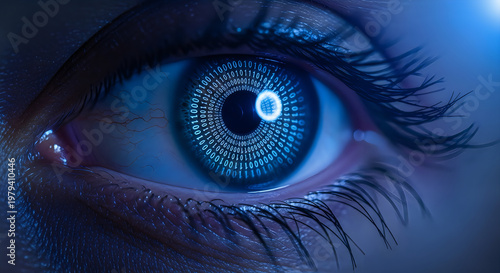 Close-up of futuristic blue digital eye with circuit pattern and glowing iris in dark tech background