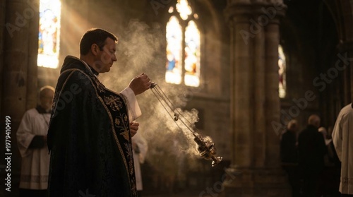 Ritual inside a church with a man holding a censer