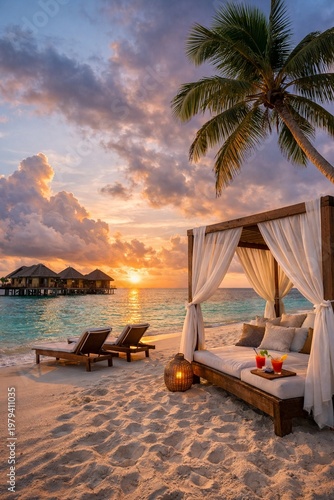 Luxury beach cabana and lounge chairs at a tropical sunset resort