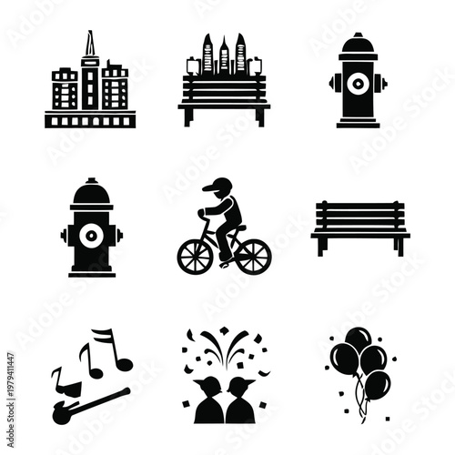 City life and urban celebration vector icon set with buildings and park elements for urban planning