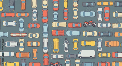 Aerial view of many colorful cars parked closely together.