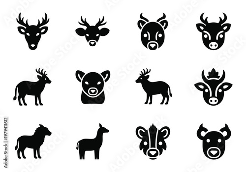 Set of minimalist deer and elk head icons in flat vector style for wildlife branding projects