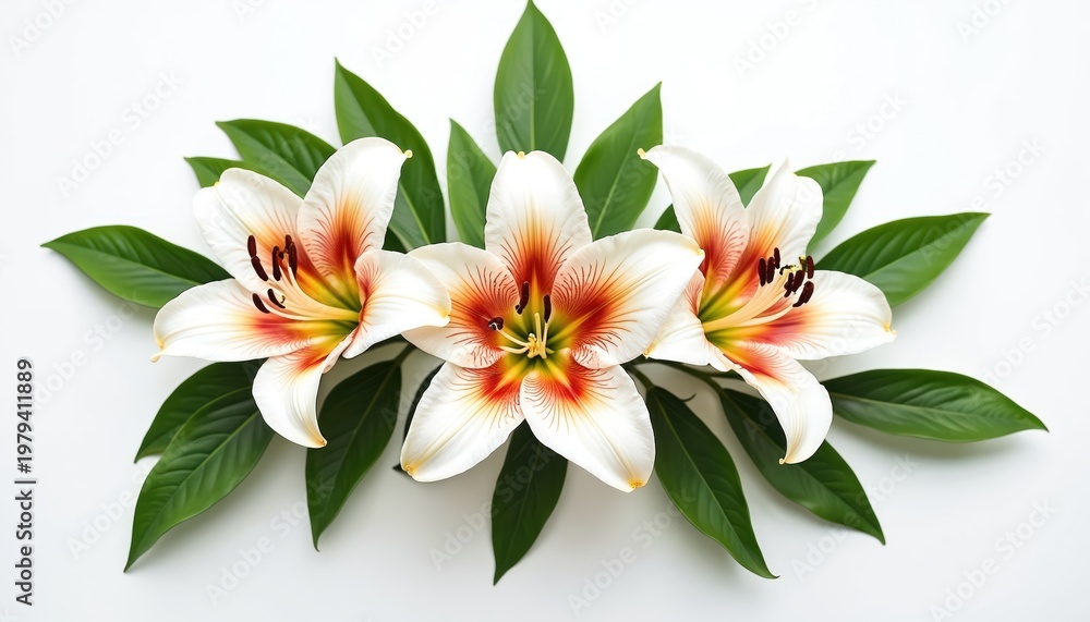 Fototapeta premium Three white Stargazer lilies with orange and yellow centers and green leaves are arranged against plain white background. This floral composition is elegant and striking, suitable for various designs.