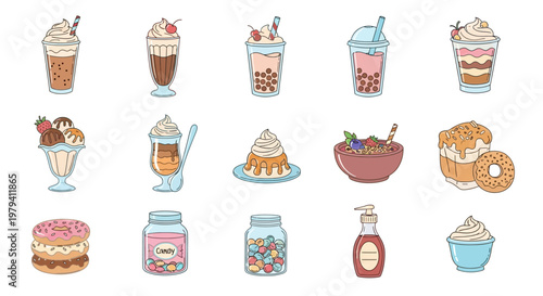 Colorful dessert and drink icons.