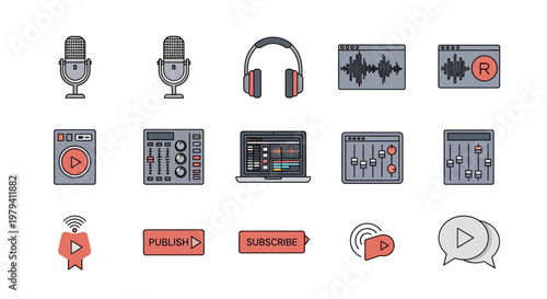 Podcast equipment and interface icons.