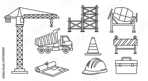 Construction equipment and tools icons.