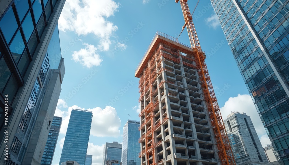 Obraz premium Modern skyscrapers under construction with crane. Concrete building structure rises next to glass facade office towers against blue sky. Urban development progress.