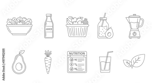 Healthy food and drink icons set.