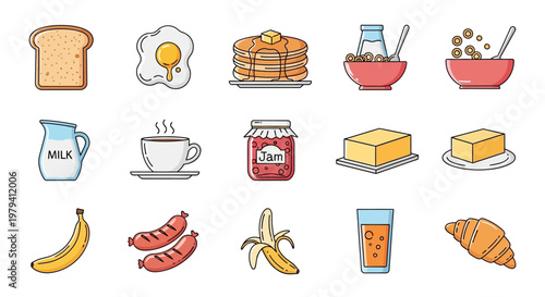 Assorted breakfast foods and drinks.