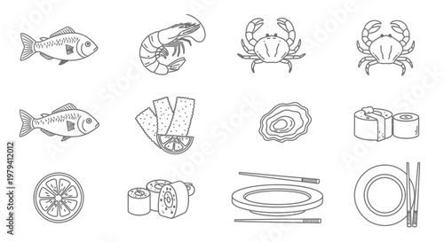 Sushi Food and Seafood Icons.