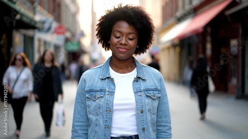 Wallpaper Mural Portrait of a Radiant Young Black Woman Smiling Confidently on a Busy Urban City Street at Daytime Torontodigital.ca