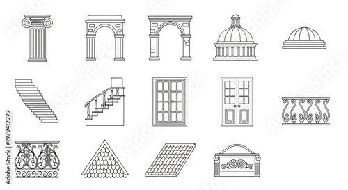 Various architectural design elements icons.