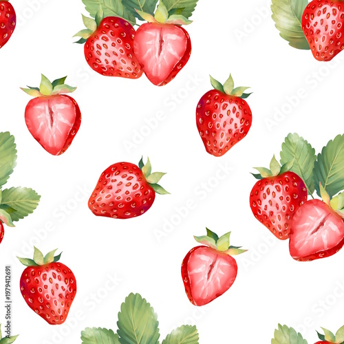 Seamless repeating pattern with red strawberries and green leaves on white background. Sweet summer illustration. Hand drawn