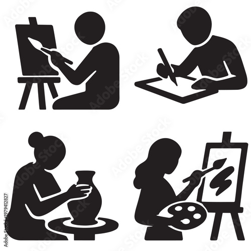 Black silhouette icons of artistic activities featuring painter at easel drawer with pencil potter shaping clay and artist with palette in minimalist design