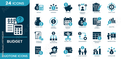 Budget icon set. Expenses, savings, finance, cash flow, tracking, monthly plan, cost estimate, analysis, allocation, management, spreadsheet, revenue. Duotone vector icons.