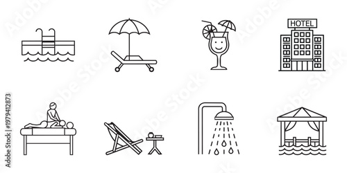 Hotel amenities line icons for travel booking app and resort website interface
