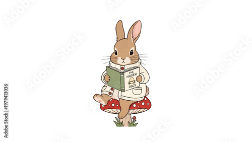 Adorable Bunny Reading Book on Mushroom, Whimsical Illustration for Children's Books & Decor