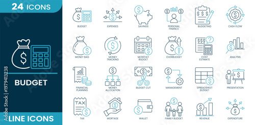 Budget icon set. Expenses, savings, finance, cash flow, tracking, monthly plan, cost estimate, analysis, allocation, management, spreadsheet, revenue. Line vector icons.