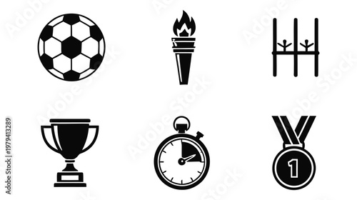 Sports and championship trophy icons set featuring soccer ball and awards for victory celebration