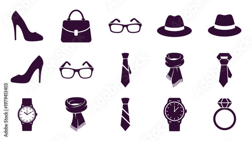 Fashion accessories collection for men and women in flat vector silhouette icons