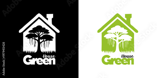 silhouette of a house and tree with a green house label