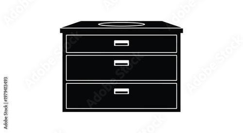 Black dresser with three drawers depicted in a stark silhouette