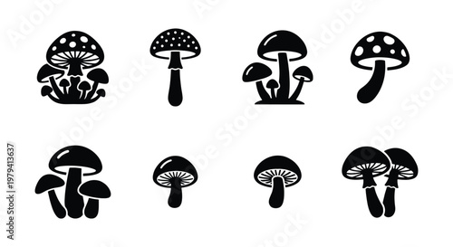 Mushroom icon set, black fungus vector silhouettes, 8 nature elements
