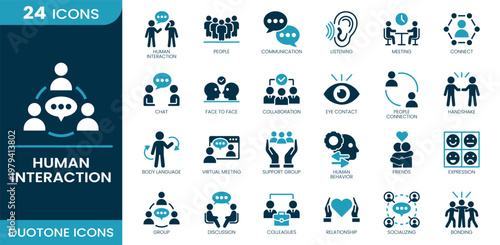 Human interaction icon set. People, communication, meeting, chat, collaboration, handshake, body language, virtual meeting, behavior, relationship, discussion, socializing. Duotone vector icons.