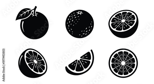 Orange fruit vector icons, citrus slice silhouettes, 6 food elements
