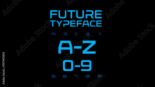Futuristic typeface display showcasing letters numbers and set ranges