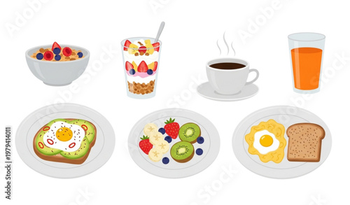 Healthy breakfast menu vector illustration with granola yogurt fruits and toast