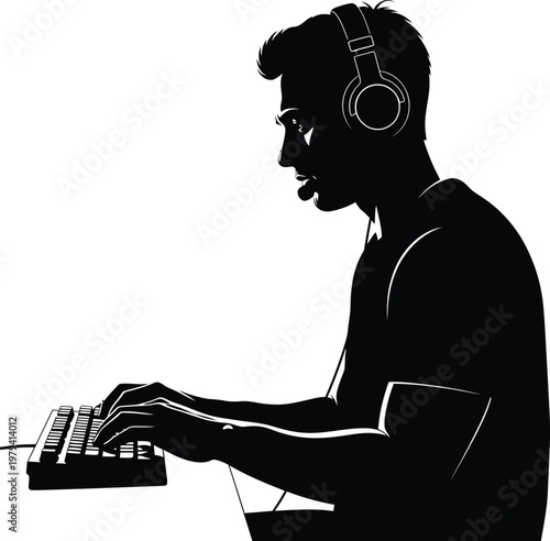 A black vector illustration of a businessman sitting at a desk and playing music on a piano instead of a work laptop in his office