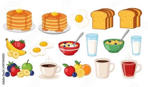 Breakfast food vector collection with pancakes eggs and fruits menu design