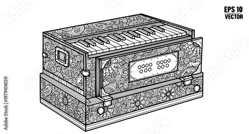 Indian Harmonium Instrument Vector Illustration – Artistic Floral Line Art