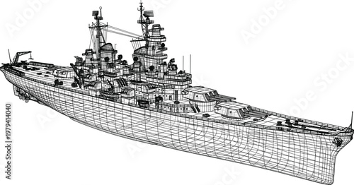 Advanced naval warship wireframe perspective with detailed superstructure and hull geometry complex maritime engineering line illustration