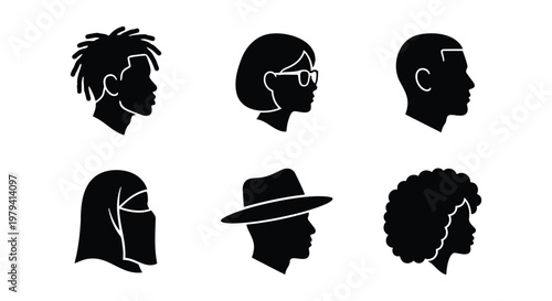 Diverse people profile icons, human head silhouettes, 6 avatar vector set