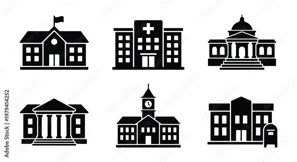 Obraz premium Public building icons set, black silhouette government and municipal architecture vectors, school hospital and courthouse symbols for maps