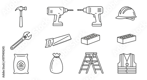 Construction tools and equipment set.