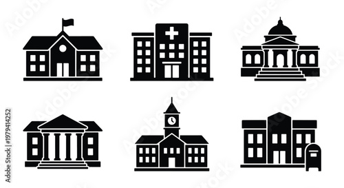 Public building icons set, black silhouette government and municipal architecture vectors, school hospital and courthouse symbols for maps