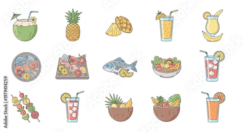Colorful summer tropical drink icons.