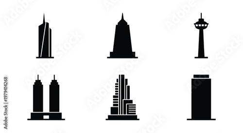 Minimalist skyscraper icon set, black silhouette city buildings and urban landmarks, 6 vector skyscraper elements for architectural design