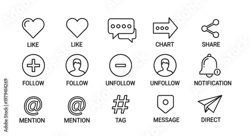 Social media icons and symbols.