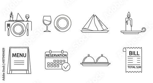 Restaurant table setting and service icons.