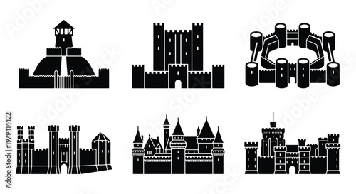 Medieval castle silhouette icons, 6 black fortress vector elements, ancient stone citadel and royal palace symbols for history and gaming maps