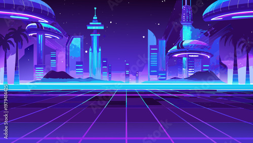 A vibrant retro futuristic cityscape with glowing neon lights and silhouetted palm trees