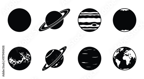 Solar system planet icons, 8 black celestial vector symbols, space set